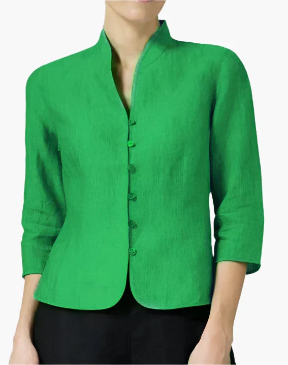 Grauer Damen Blazer mit Stehkragen, elegant für Business & Büro. Schickes Outfit für Damen.