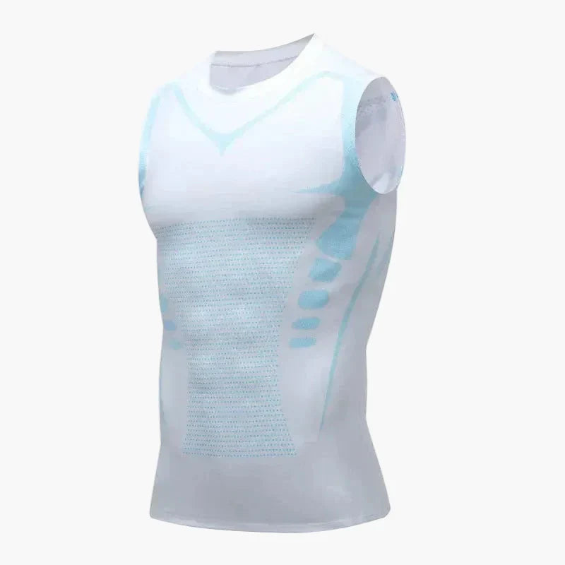 Atmungsaktives Material des ärmellosen Herren Kompressionsshirts, Nahaufnahme. Optimale Feuchtigkeitsregulierung.
