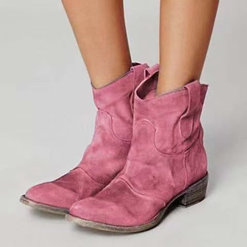 Trendige Damenschuhe: Western-Stiefeletten mit breitem Blockabsatz, rutschfester Sohle für Komfort & sicheren Tritt.