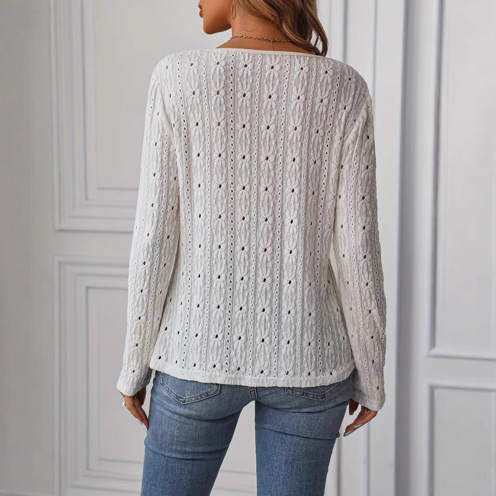 Elegantes Damen Jacquard Langarmshirt in Weiß, mit feiner Textur. Perfekt als bürotaugliches oder gemütliches Freizeit-Oberteil.