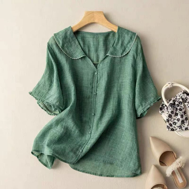 Elegante Damen Kurzarm-Bluse mit Wellenkragen. Perfekt für Büro & Freizeit. Lockere Passform, bequem & modisch.