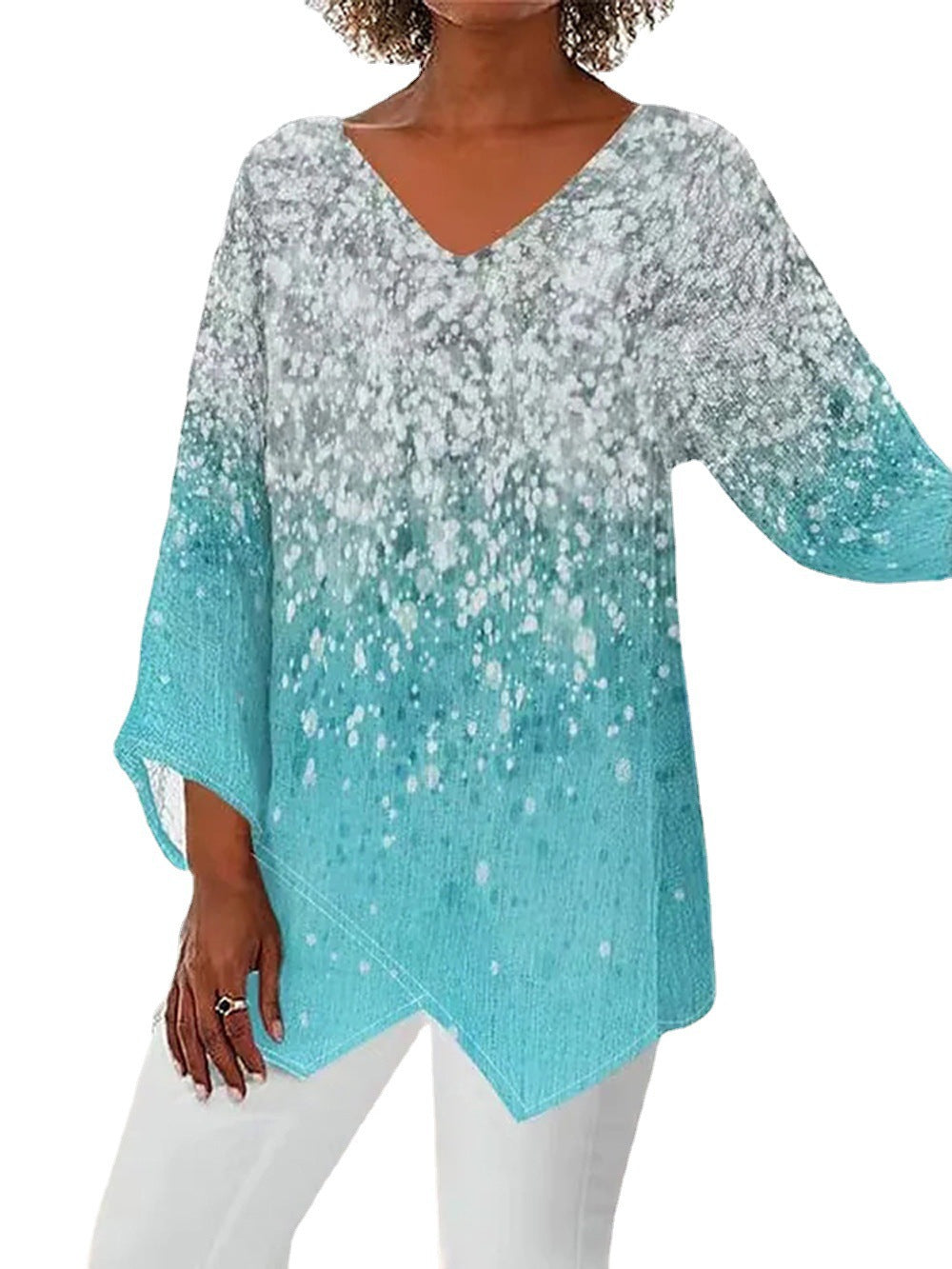 Damen Glitzer Tunika Bluse in Türkis mit V-Ausschnitt, Dreiviertelarm. Fließend & festlich für Partykleidung.