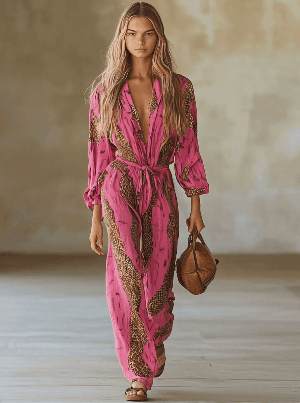 Eleganter Damen Jumpsuit mit trendigem Leopardenprint & Gürtel, perfekt für modische Frühlings- & Herbstoutfits.