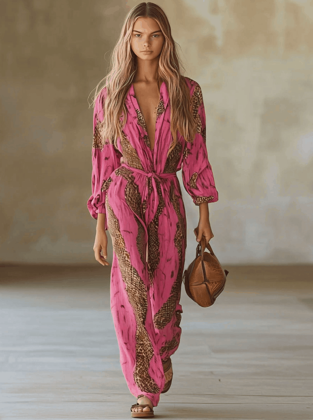Eleganter Damen Jumpsuit mit trendigem Leopardenprint & Gürtel, perfekt für modische Frühlings- & Herbstoutfits.