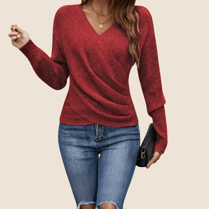 Modisches Damen Wickeltop, V-Ausschnitt & Drapierung. Perfekt für elegante Anlässe, Büro & Abendgarderobe.