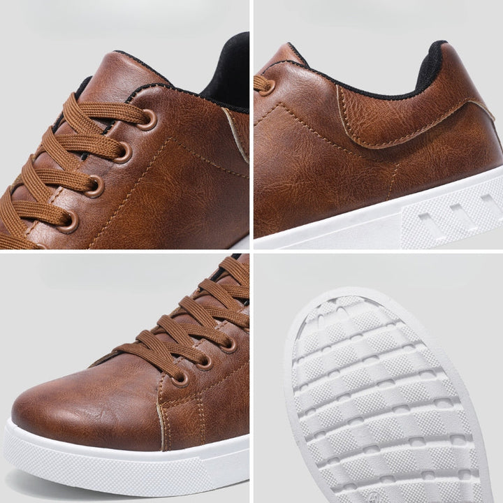 Zwei Paar vegane Unisex-Sneaker (Braun & Schwarz) nebeneinander. Bequeme, langlebige Schuhe für Freizeit & Alltag.