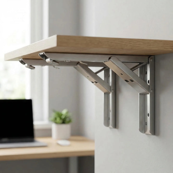 Klappbare silberne Wandhalterung für Regale; platzsparend & stabil. Ideal für Küche, Werkstatt, Home Office.
