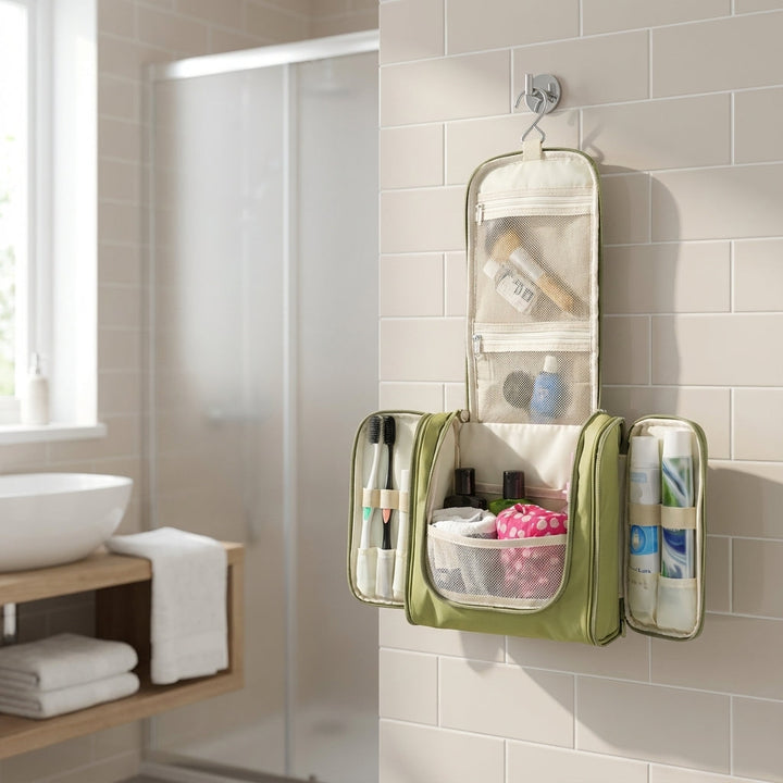 Faltbare Reise-Kulturtasche mit Haken, schwarz, ideal für Hygieneartikel & Kosmetik auf Reisen.