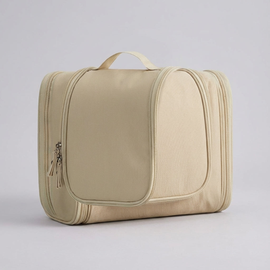 Graue, faltbare Kulturtasche als Reiseorganizer, hält Ihre Hygieneartikel ordentlich und griffbereit.