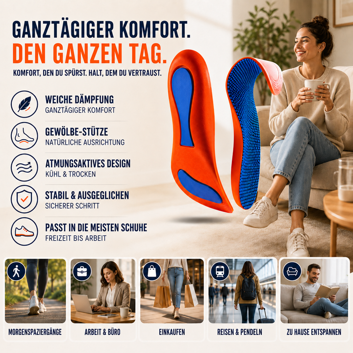 Orthopädische Einlagen mit Dämpfung; für Komfort & Stabilität bei Plantarfasziitis.
