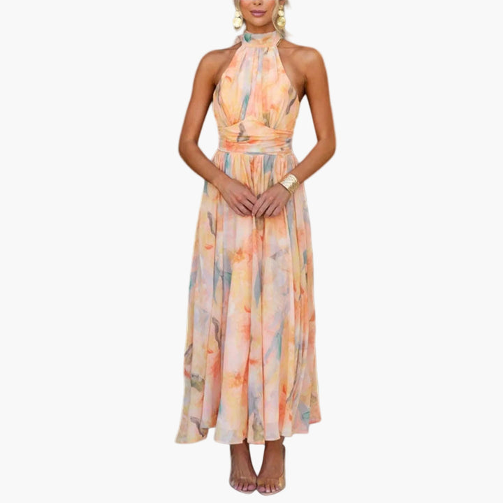 Elegantes Damen Maxikleid mit fließendem Wasserfarbenmuster. Perfekt als Sommer- oder Abendkleid für festliche Anlässe.