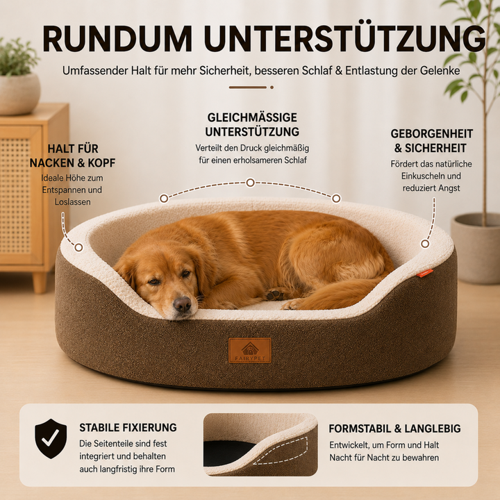 Hundesofa Plüsch, orthopädisch, wintergeeignet, für entspannte große Hunde im Innenbereich.