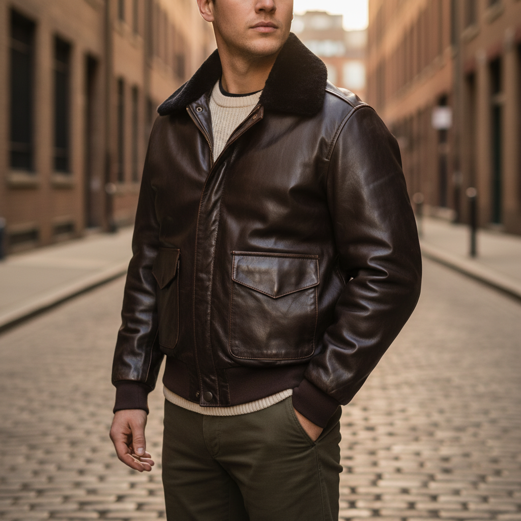 Stilvolle Herren Pilotenjacke mit Kragen im Retro-Stil. Zeitlose Übergangsjacke für Männer.