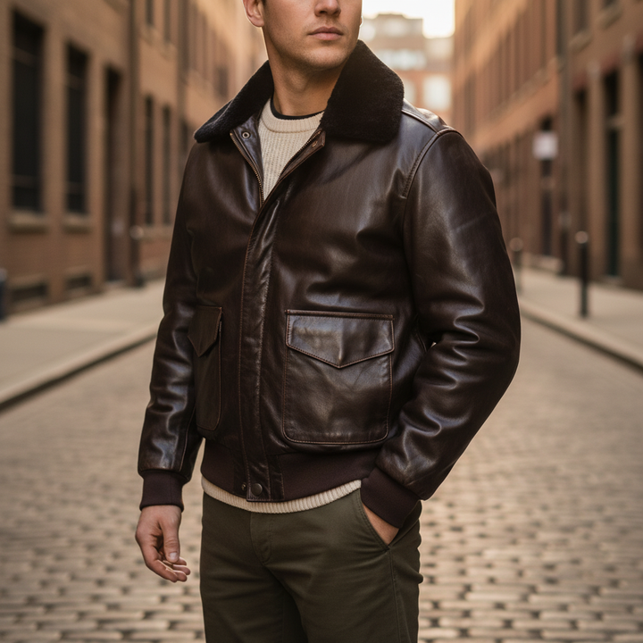 Stilvolle Herren Pilotenjacke mit Kragen im Retro-Stil. Zeitlose Übergangsjacke für Männer.