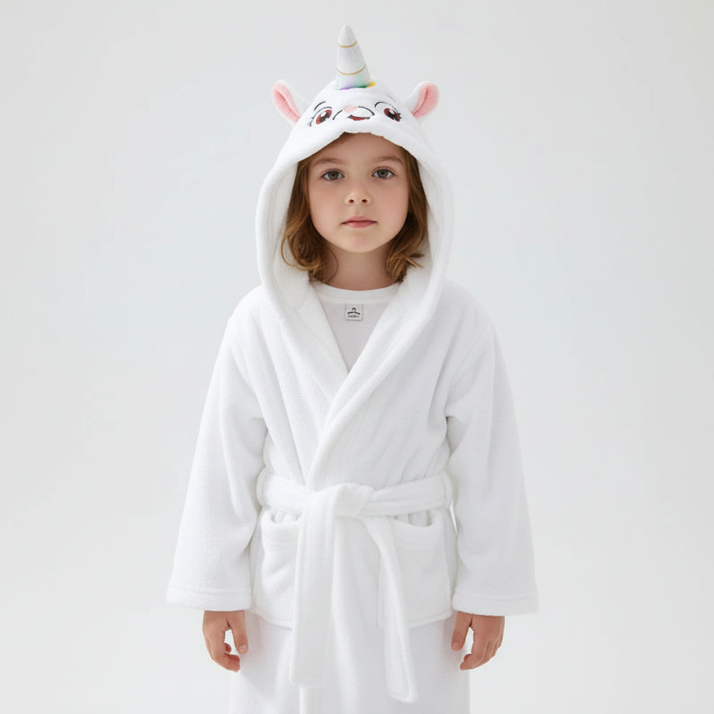 Gemütlicher CozyWrap Kindermorgenmantel aus Plüsch, perfekt zum Relaxen nach dem Baden.