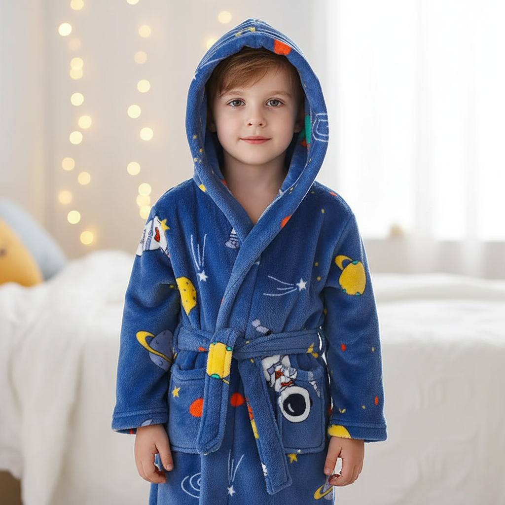 Plüschiger CozyWrap Kindermorgenmantel, kuschelig weich für Jungen und Mädchen nach dem Bad.