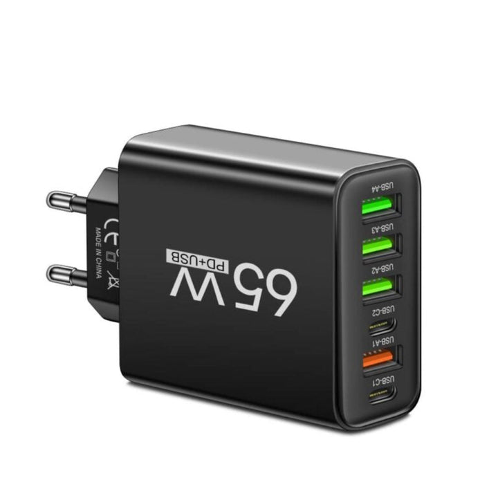 PowerMax 65W Schnellladegerät mit mehreren USB-C & USB-A Anschlüssen. Ideal für Büro, Reise & alle Geräte.