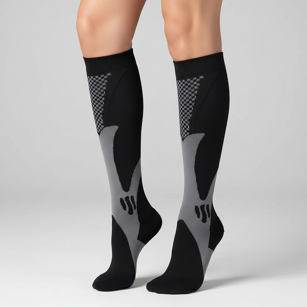 Unisex Kompressionsstrümpfe in Schwarz für optimale Beinunterstützung beim Sport.