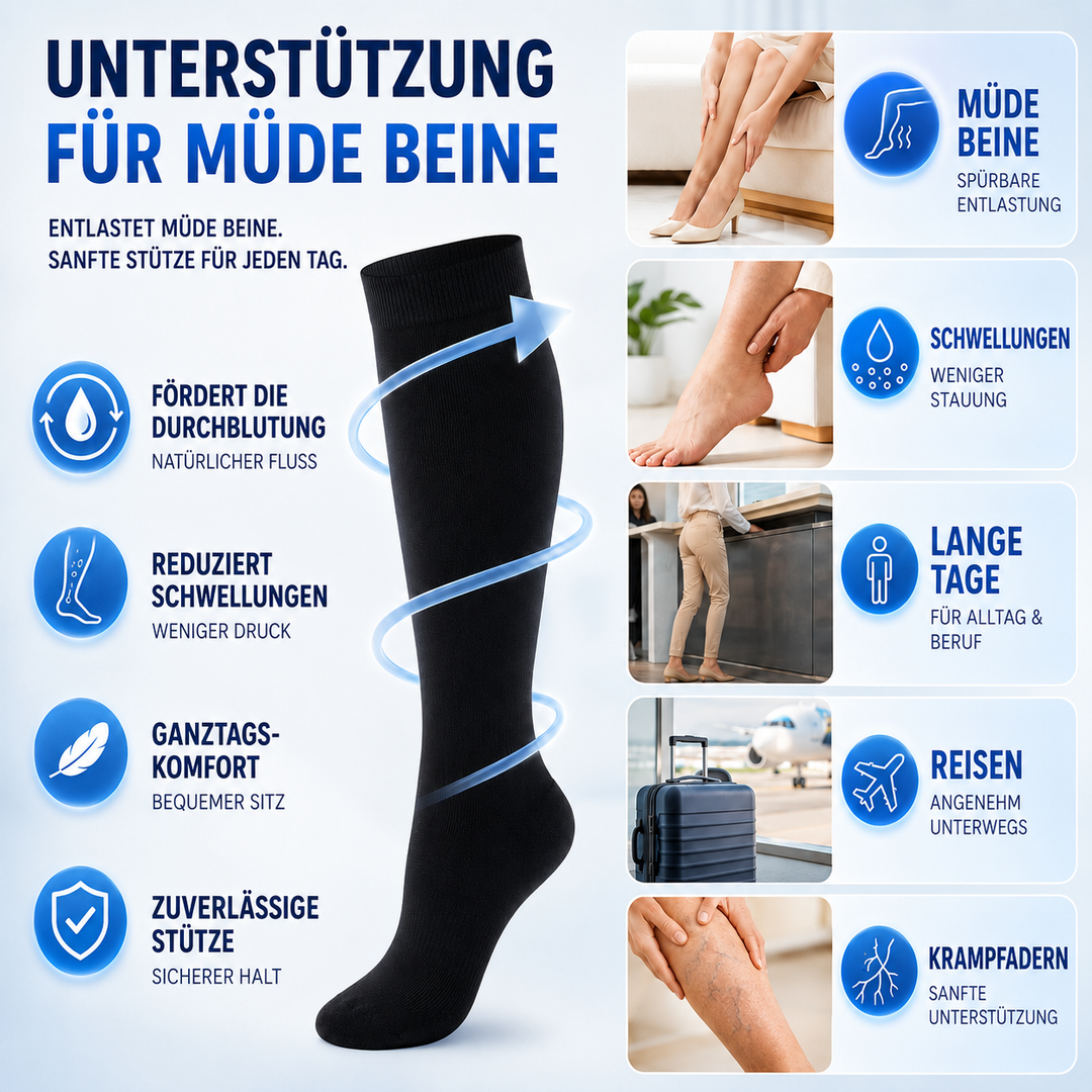 Atmungsaktive Unisex Beinstrümpfe gegen ermüdete Beine, ideal für lange Tage & aktive Lebensstile.