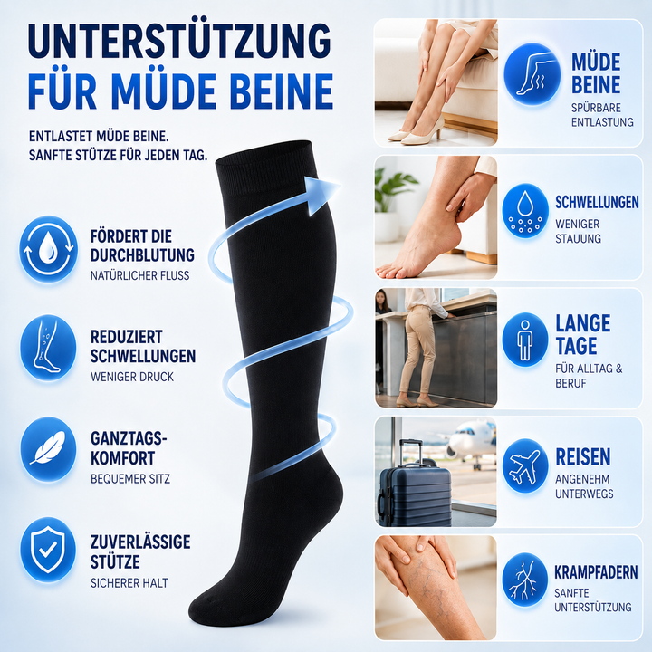 Atmungsaktive Unisex Beinstrümpfe gegen ermüdete Beine, ideal für lange Tage & aktive Lebensstile.
