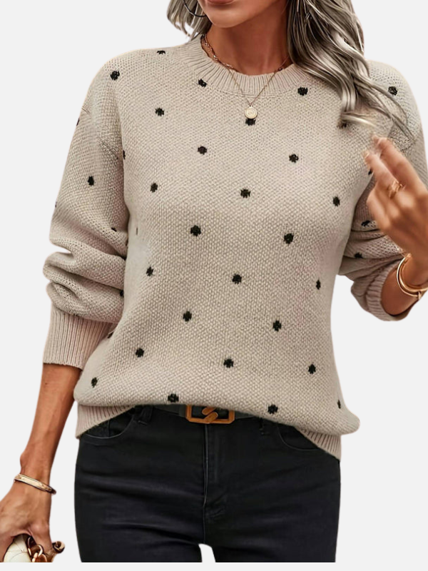 Damen Rundhals-Pullover, gepunktet, in Khaki. Ideal für Büro & Alltag. Elegant & komfortabel.