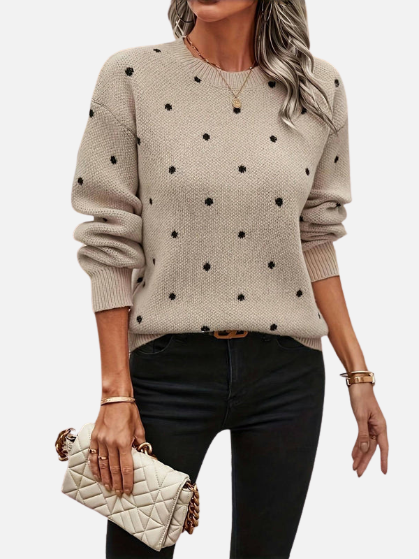 Khaki Damenpullover, gepunktet, mit Rundhals. Vielseitig für Herbst, Winter, Freizeit.