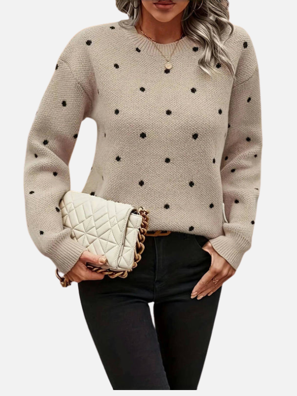 Moderner Damen-Strickpullover, gepunktet in Grau. Rundhalsausschnitt, bequem & schick.