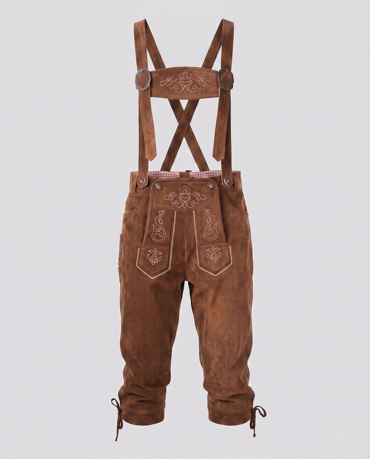 Kurze Damen Trachtenhose mit Stickereien, traditionelle Oktoberfest Mode, festlich und vielseitig kombinierbar.