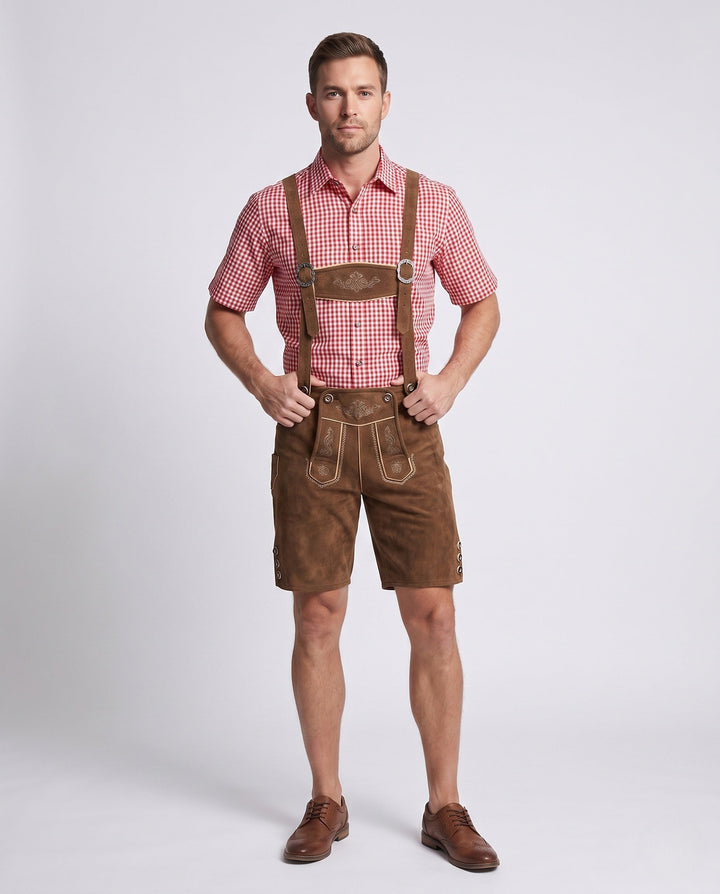 Rustikale Herren Trachten Lederhose für Oktoberfest, mit traditioneller Stickerei, robust und authentisch.