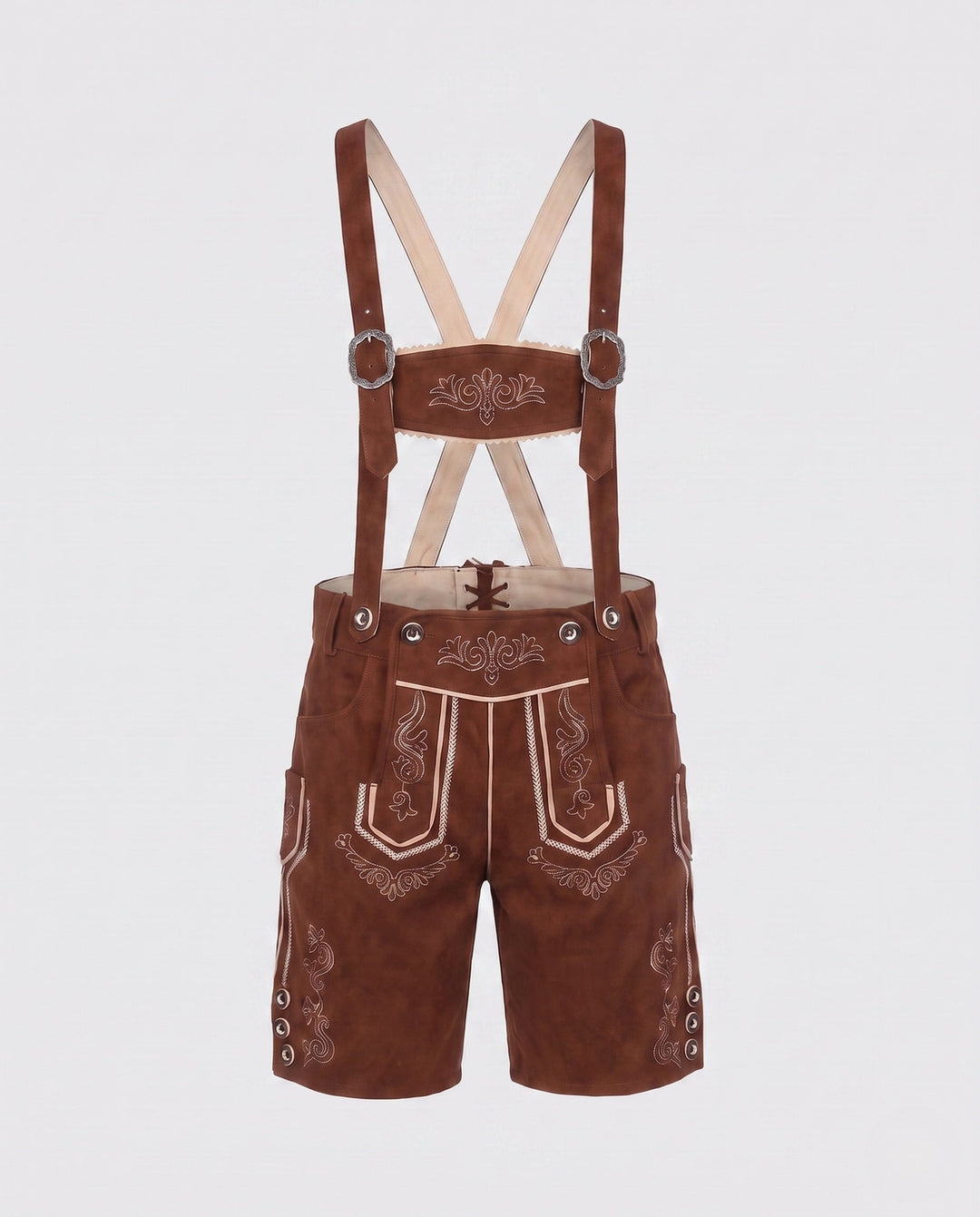 Mann trägt traditionelle, rustikale Herren Trachten Lederhose, hochwertige Trachtenmode für Volksfest.