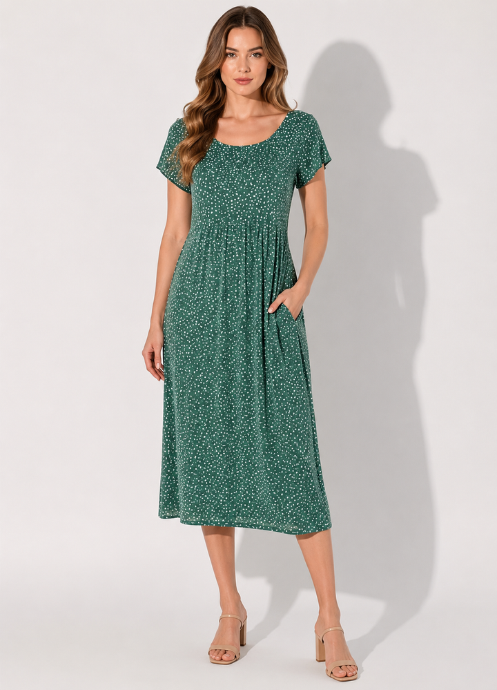 Elegantes Damen Pünktchen Midi-Kleid mit kurzen Ärmeln, perfekt für Sommer und Freizeit.