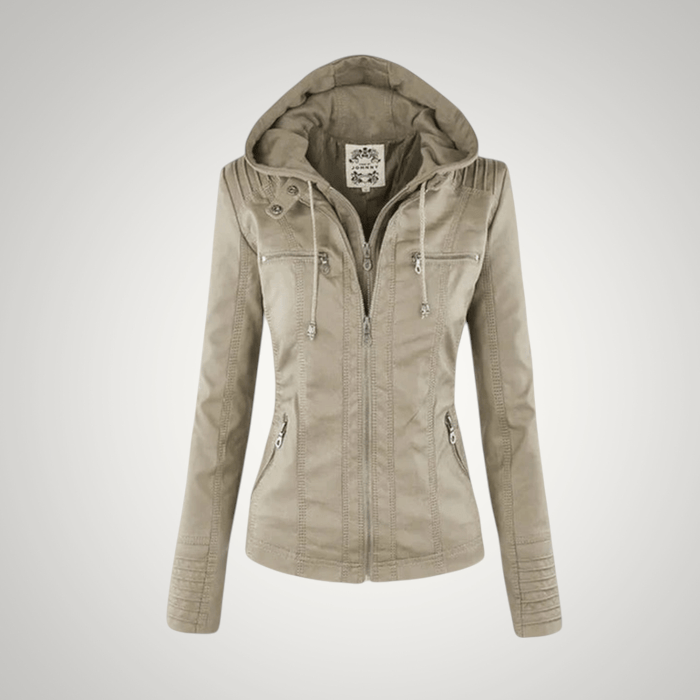 Modische Damen-Winterjacke mit Reißverschluss und abnehmbarer Kapuze. Taillierte Passform für einen eleganten Alltagslook.
