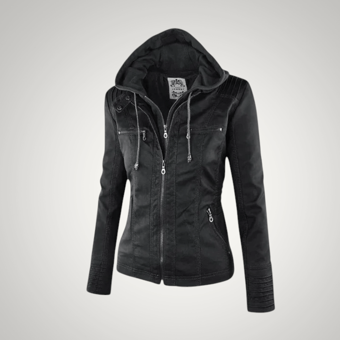 Stilvolle Damen-Winterjacke, warm und elegant, mit durchgehendem Reißverschluss und praktischer abnehmbarer Kapuze.