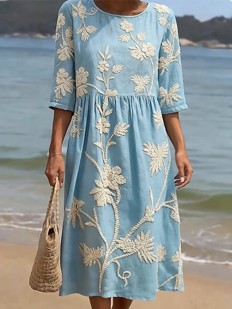 Elegantes Damen Sommerkleid, A-Linie Midikleid mit feiner Blumenstickerei. Perfektes Urlaubskleid oder Partykleid.