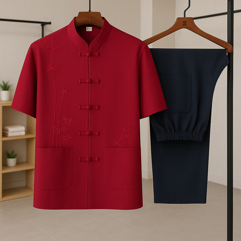Herren Sommer-Traditionsset in Rot, bestickt, mit Knotenverschluss & bequemer Hose. Stilvoller Zweiteiler.