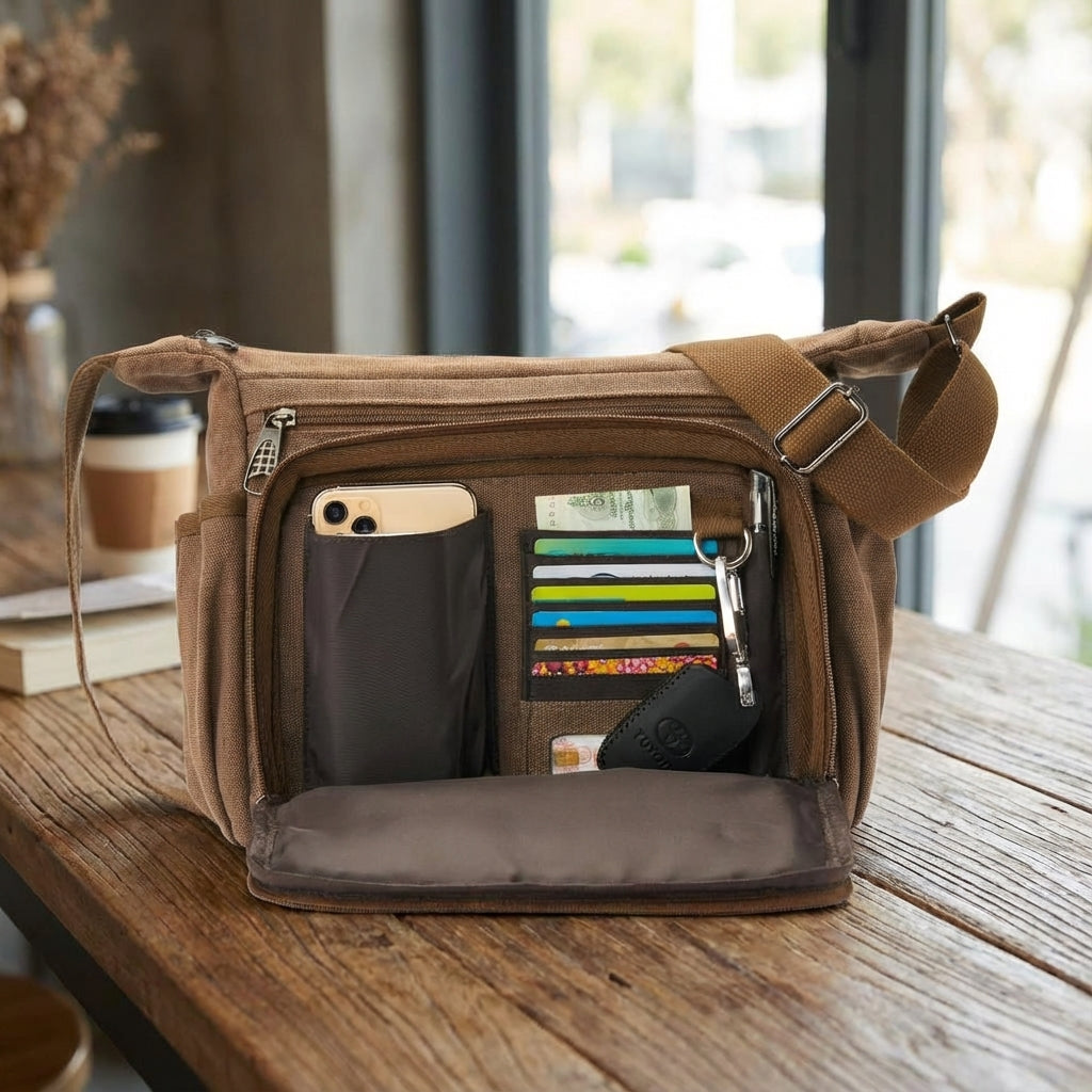 Robuste RFID-Messenger-Tasche aus Canvas, sicher für Laptop & Tablet.