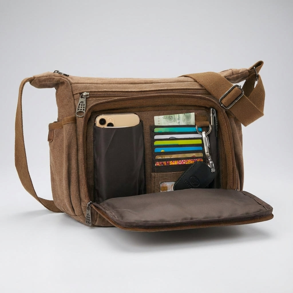 Organisierte Canvas-Umhängetasche mit RFID-Schutz, ideal für Business & Alltag.