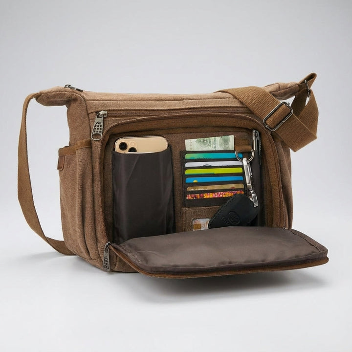 Organisierte Canvas-Umhängetasche mit RFID-Schutz, ideal für Business & Alltag.