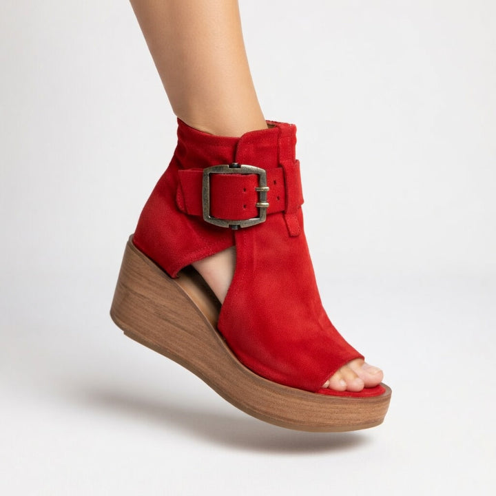 Elegante Damen Wedge-Ankle-Boots mit offenem Zehenbereich, ideal für Frühling & Sommer, stilvoll & modern.