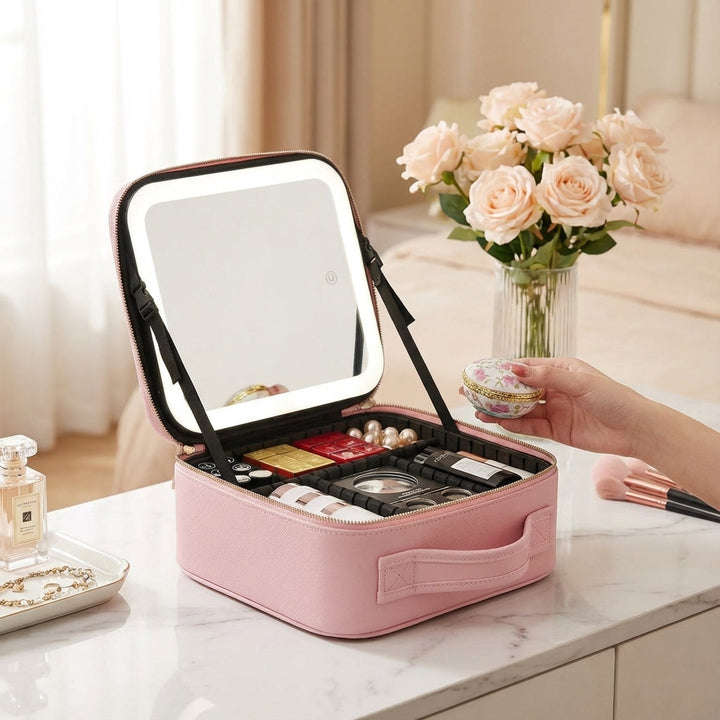 Damen Reise-Make-up-Station mit LED-Ringlicht, tragbar, ideal für Kosmetikorganisation.