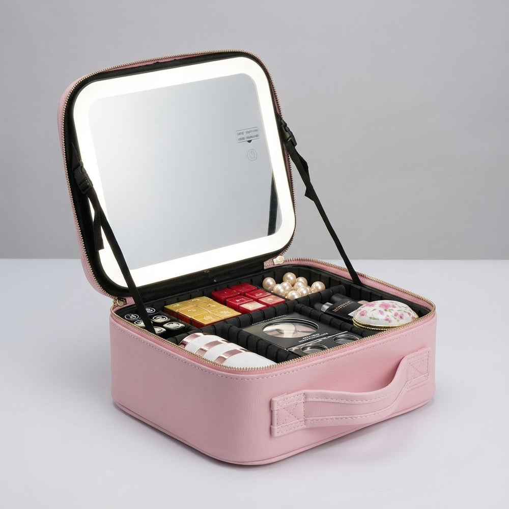 Tragbarer Schminkkoffer mit LED-Ringlicht, perfekt für Reisemakeup und Beauty unterwegs.