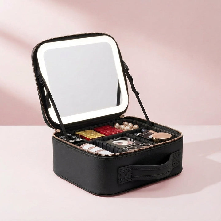 Robuster Schminkkoffer mit integriertem LED-Spiegel für präzises Make-up; sicherer Stauraum.