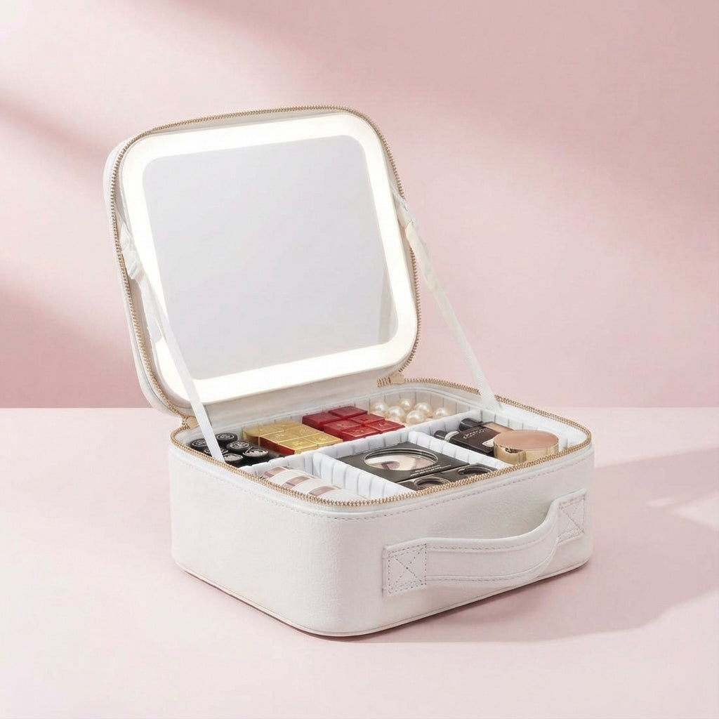 Kompakte Damen Reise-Make-up-Station mit hellem LED-Ringlicht, perfekter Reisebegleiter für Kosmetik.