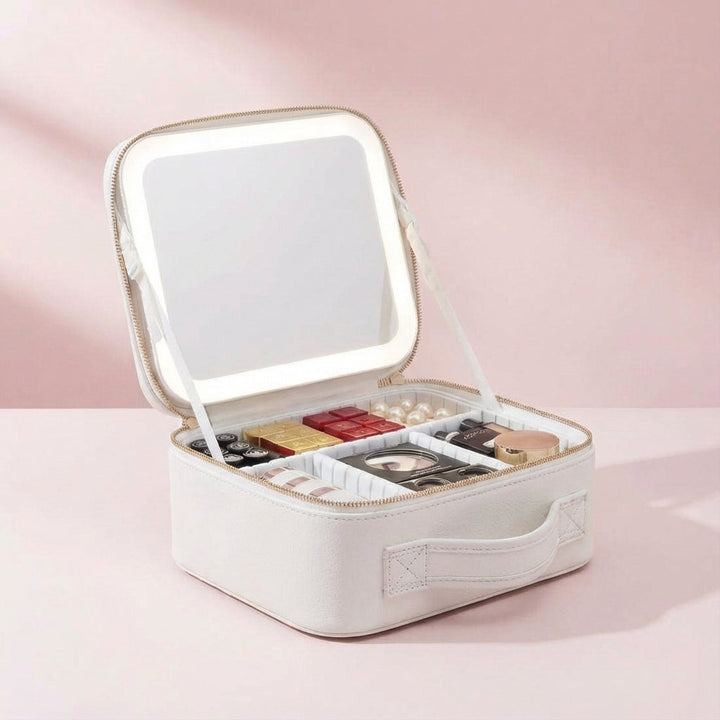 Kompakte Damen Reise-Make-up-Station mit hellem LED-Ringlicht, perfekter Reisebegleiter für Kosmetik.