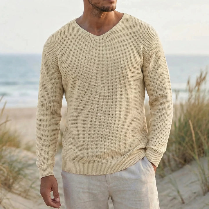 Herren Langarm-Pullover "Tim" mit lockerer Passform, V-Ausschnitt & gemütlicher Waffelstrick-Optik für Herbst/Winter.