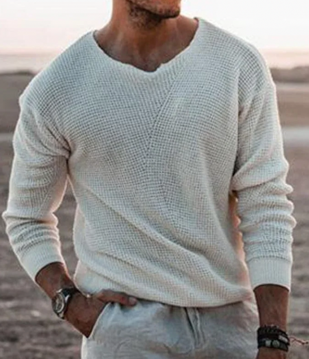 Stilvoller Herren Pullover, langärmlig, Relaxed Fit. Waffelmuster und V-Ausschnitt für entspannten Alltags-Look.