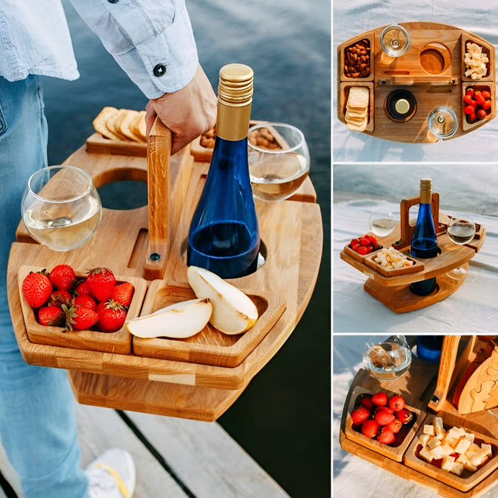 Robuster Picknicktisch aus Naturholz, ideal als Outdoor-Gartenmöbel für Drinks und kleine Speisen.