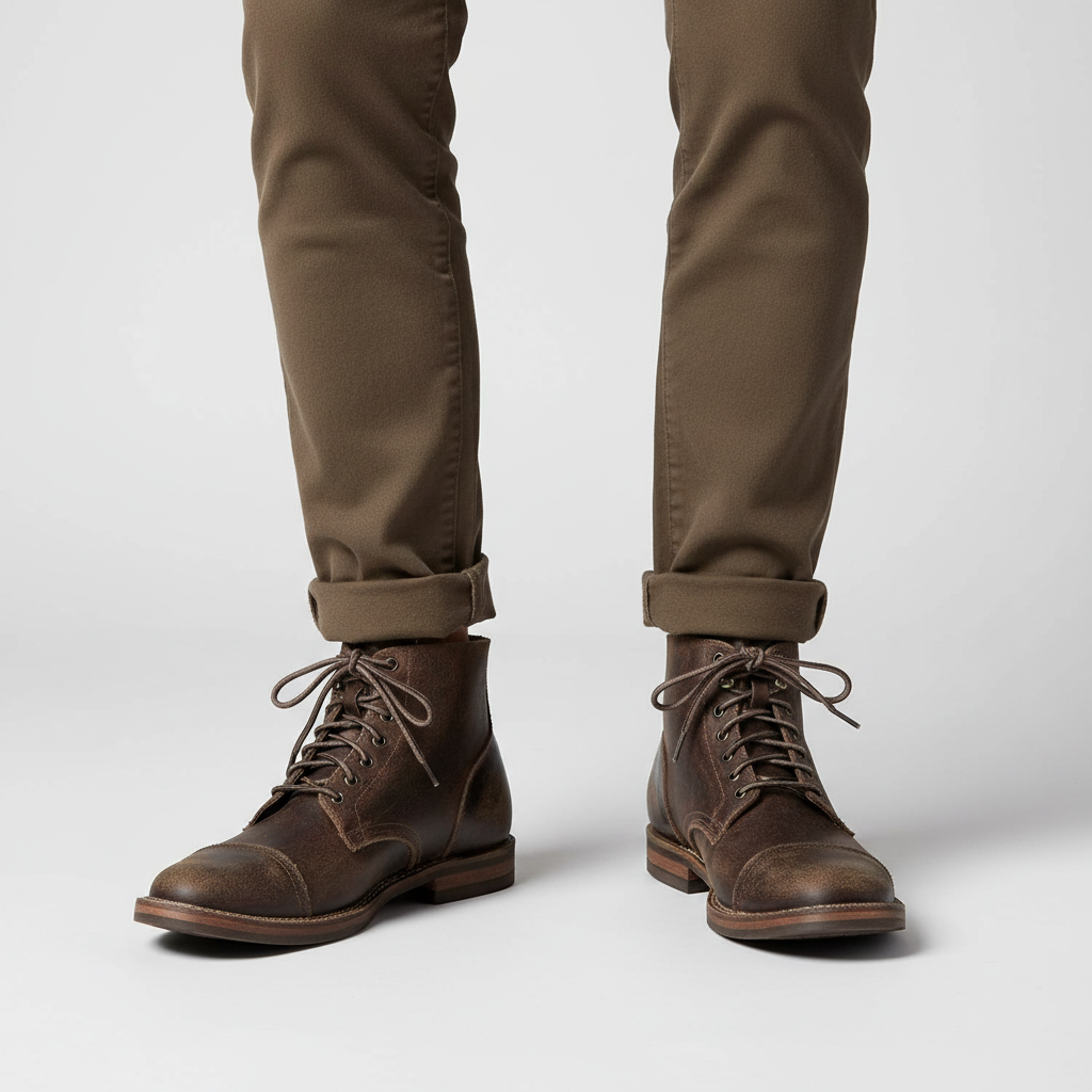 Detailansicht der hochwertigen Retro-Lederstiefel Leonard für Herren. Robust, wasserdicht und stilvoll für den Winter.