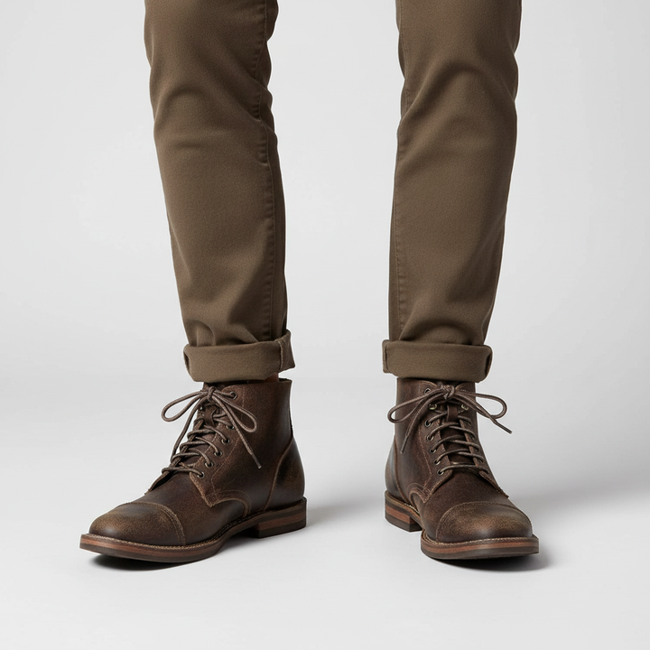 Detailansicht der hochwertigen Retro-Lederstiefel Leonard für Herren. Robust, wasserdicht und stilvoll für den Winter.