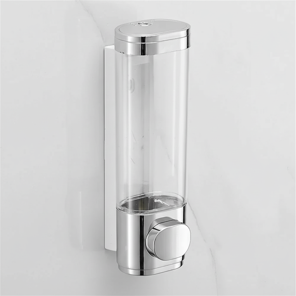 Dekorativer Retro Seifenspender aus Glas für die Wand. Metallhalterung, ideal für Bad- & Küchen-Hygiene.